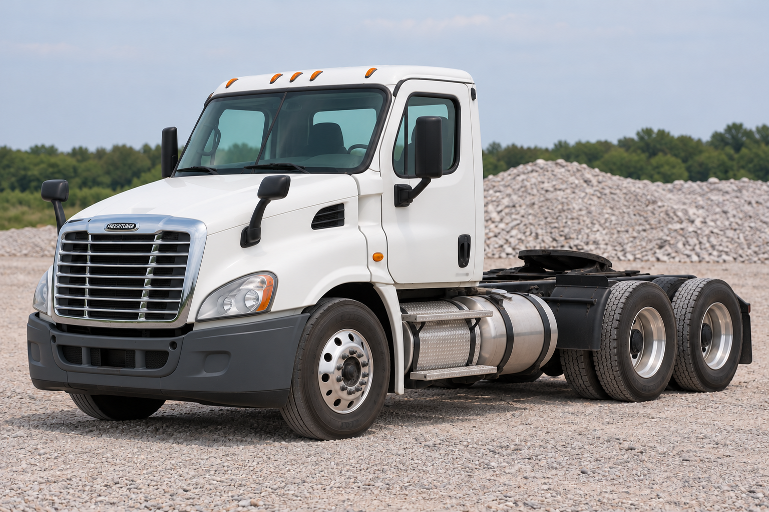 Illustrative rendering of a white 2016 Freightliner Cascadia day cab with the actual BOSK Hauling logo on its door