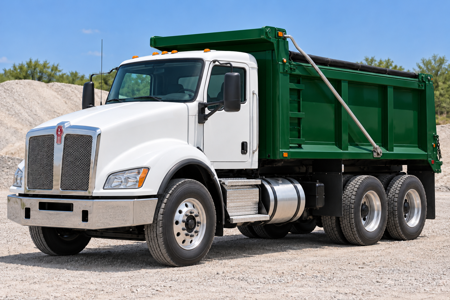 Illustrative rendering of a 2017 Kenworth T440 day-cab tandem dump truck with the actual BOSK Hauling logo on its door