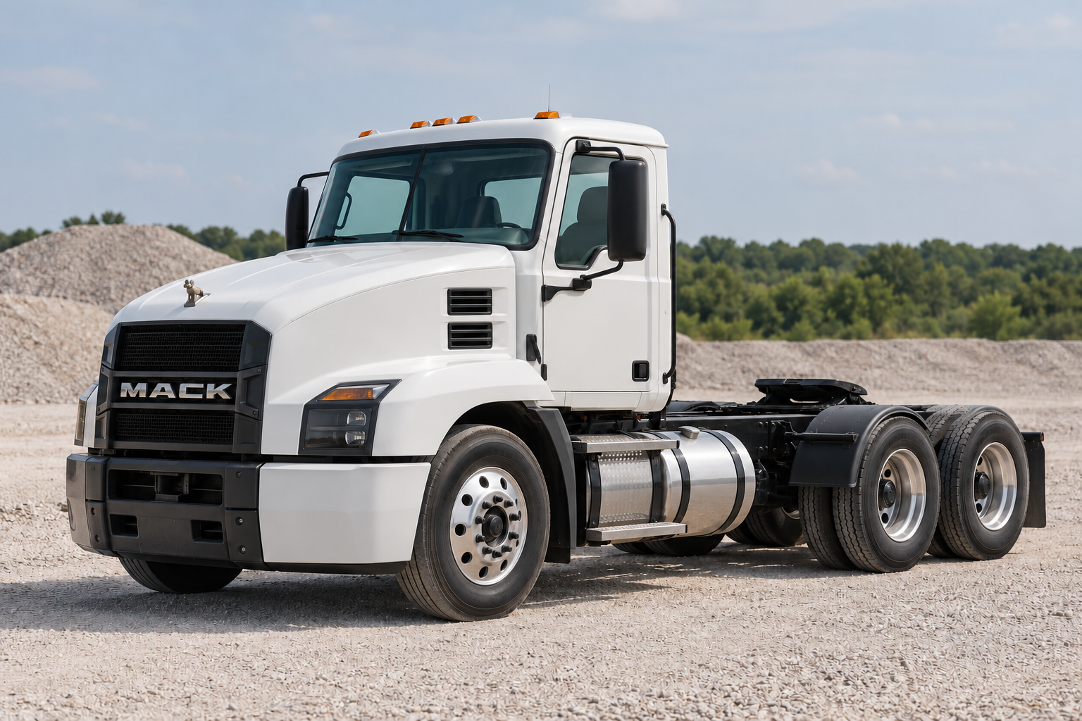 Illustrative rendering of a white Mack Anthem day cab with the actual BOSK Hauling logo on its door