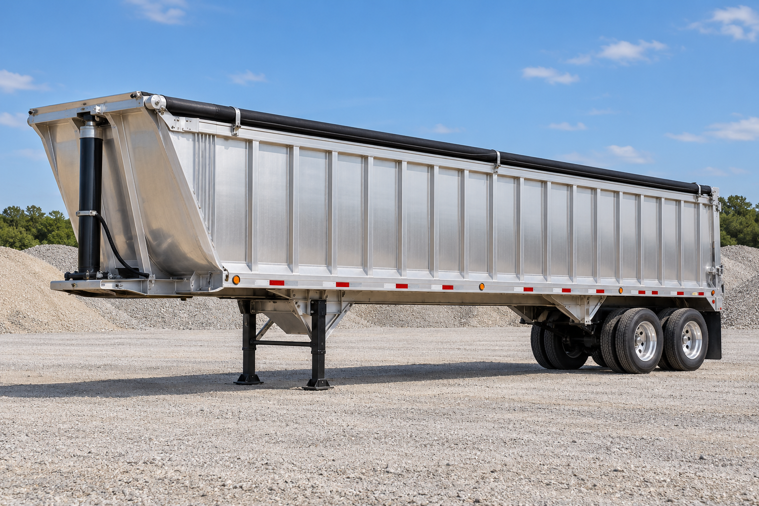 Illustrative rendering of a silver Travis aluminum end-dump semitrailer