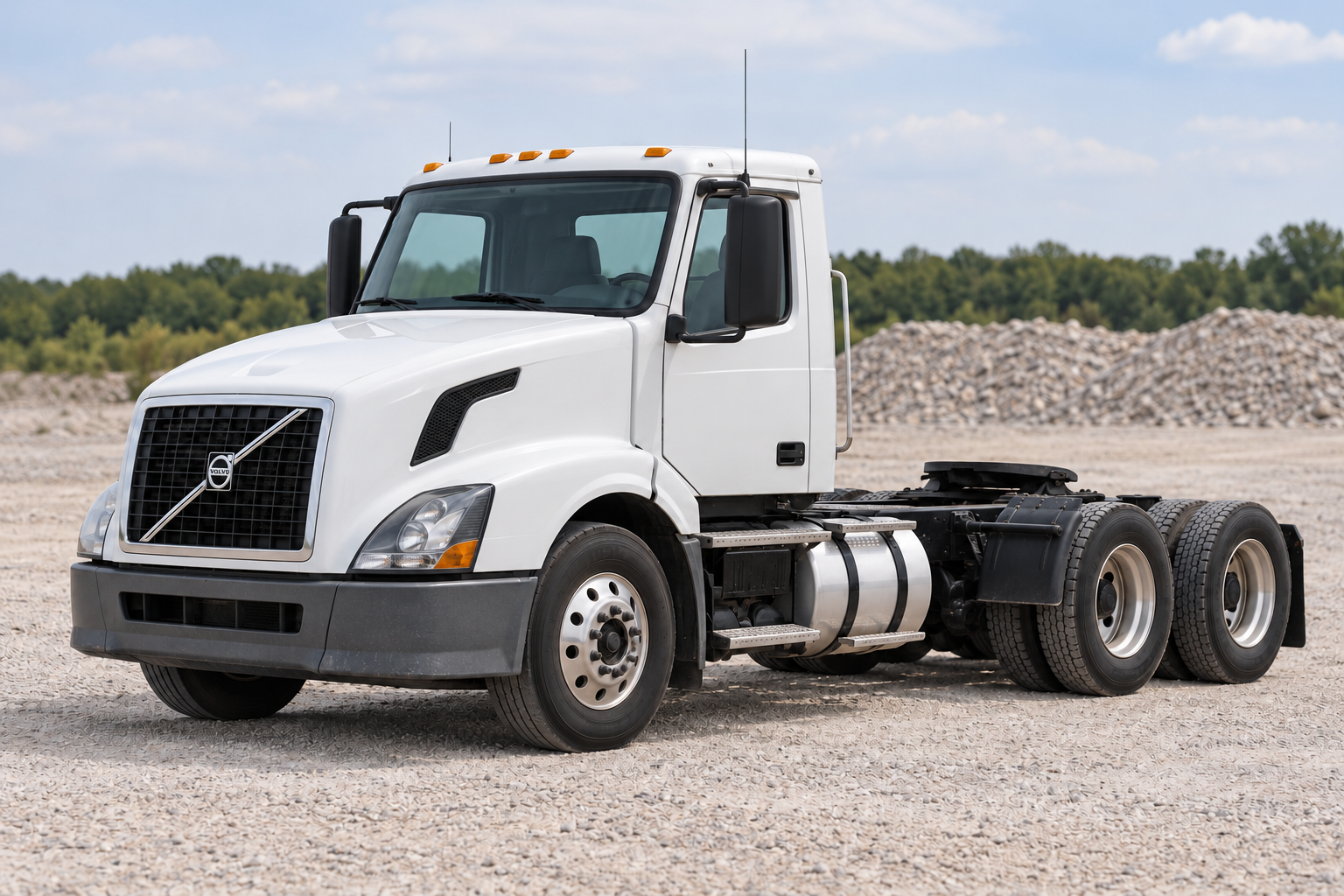 Illustrative rendering of a 2014 Volvo VNM64T day cab with the actual BOSK Hauling logo on its door