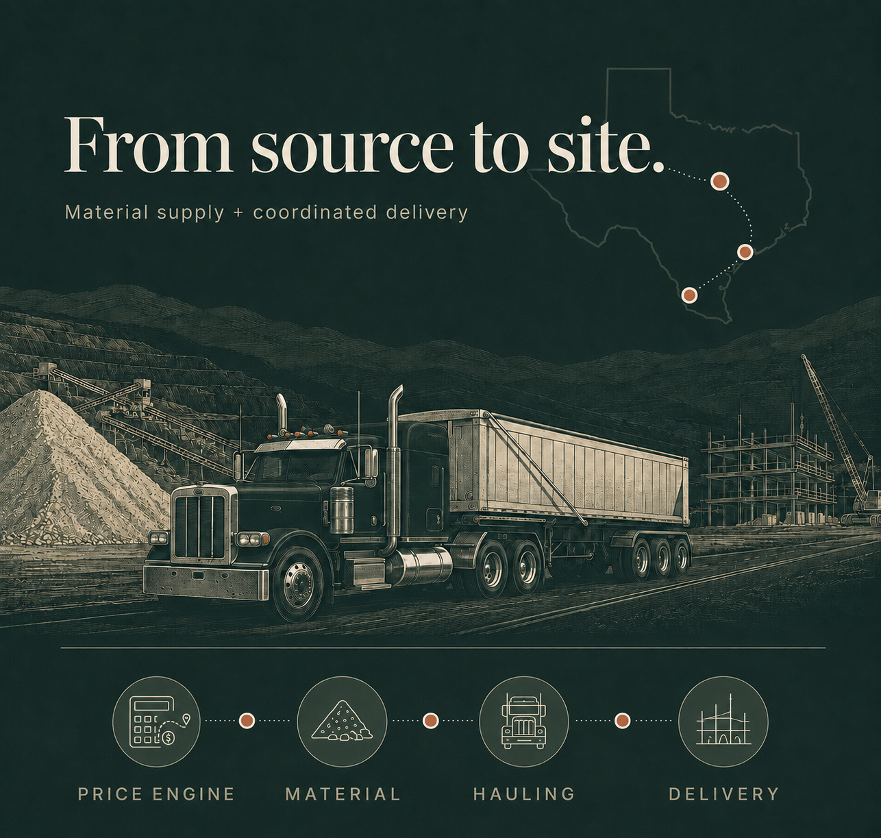 From source to site: BOSK coordinates pricing, aggregate material, hauling, and delivery across Texas.